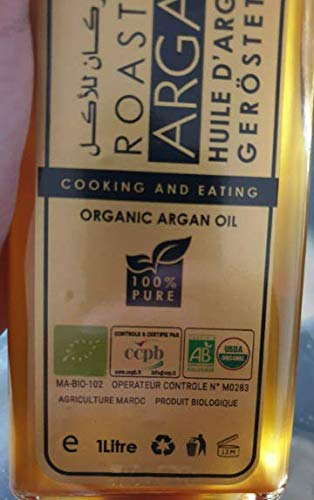 Aceite vivero ARGAN alimentario del Marruecos ecológico Ecocert, 1 litro torreado prensado en frío (1 litro de cristal).