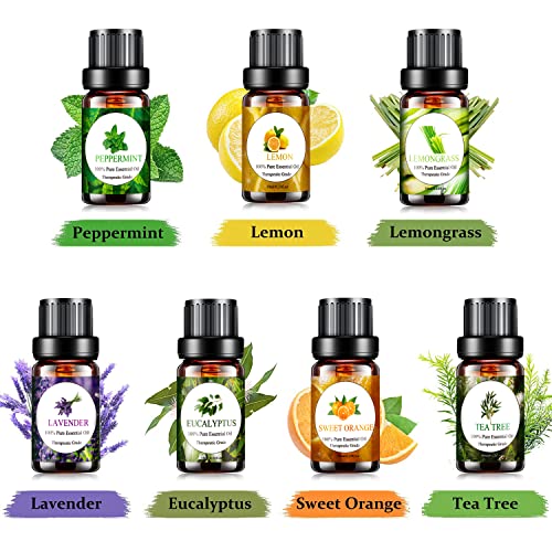 Aceites Esenciales Aromaterapia TOP 7 x 10ml, Aceites Esenciales para Humidificador Difusor 100% Puro & Naturales, Menta, Limón, Limoncillos, Lavanda, Eucalipto, Naranja Dulce, Árbol de Té