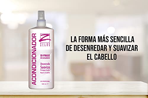 Acondicionador Sin Aclarado Bifásico para el Cabello - 500ml - Desenreda, Suaviza, Repara el pelo - Protector Térmico - Fija el color, Define el rizo - Uso Profesional - Zelos