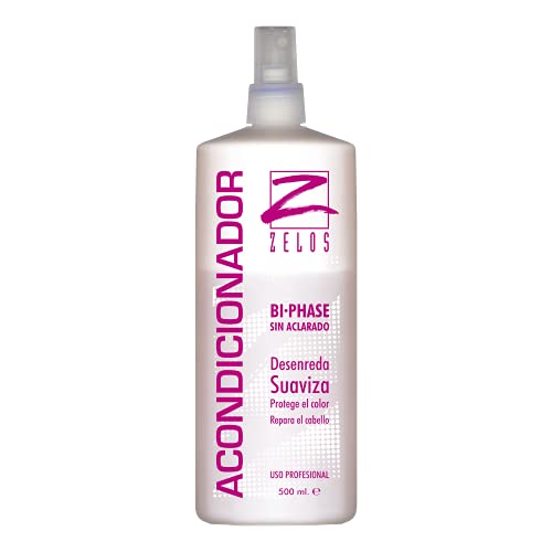 Acondicionador Sin Aclarado Bifásico para el Cabello - 500ml - Desenreda, Suaviza, Repara el pelo - Protector Térmico - Fija el color, Define el rizo - Uso Profesional - Zelos