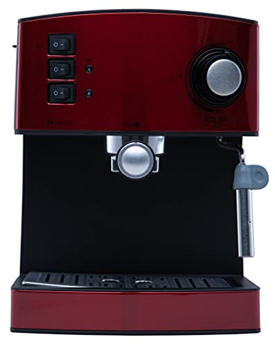 Adler AD 4404r Cafetera Expreso Automática, 15 Bares, Vaporizador para Leche, 1,6 litros, 850W, 1 Liter, 0 Decibeles, Acero Inoxidable, Rojo