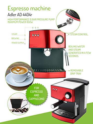 Adler AD 4404r Cafetera Expreso Automática, 15 Bares, Vaporizador para Leche, 1,6 litros, 850W, 1 Liter, 0 Decibeles, Acero Inoxidable, Rojo