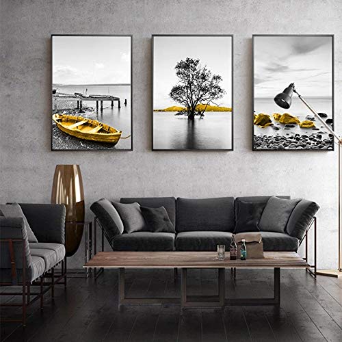 AdoDecor Fotos Modernas Fondo Blanco y Negro Paisaje Marino Pintura en Lienzo Póster Barco Amarillo Árbol Arte de la Pared Decoración del hogar 30x40CMx3 con Marco