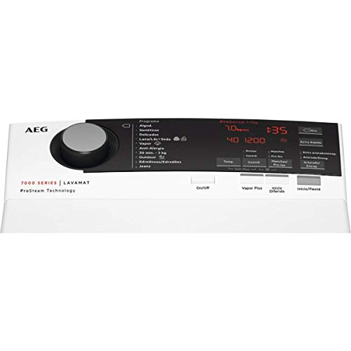 AEG L7TBE721 Lavadora de Libre Instalación, Carga Superior, 7 Kg / 1200 rpm, 10 Programas + Vapor, Programa Rápido, Inicio Diferido, Autoposicionamiento Tambor, Apertura Suave, LCD, Blanca, A+++-10%