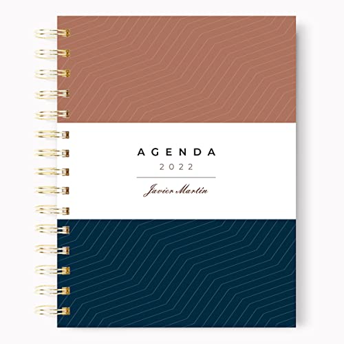 Agenda 2022 día por página personalizada anual | Agenda A5 2022 interior verde-gris | Agenda hombre con elegante diseño de portada en azul, marrón ideal empresa | Nombre en stamping. ONEPERSONAL (A-M)