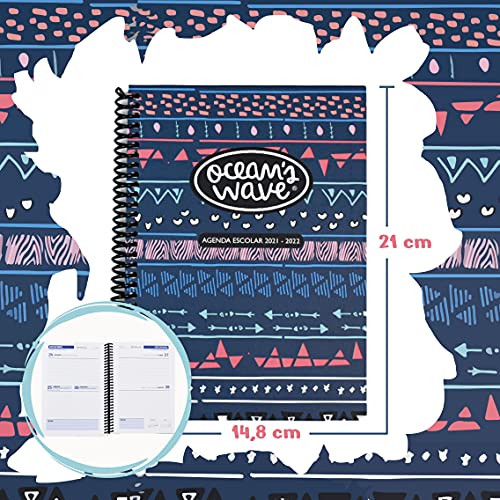 Agenda Escolar 2021-2022 Ethnic - Tapa de cartón Forrado y Extra Dura con Espiral de Plástico - Día por Página - Papel A6 de 80 gr - Dietario de Septiembre a Junio - Ocean’s Wave