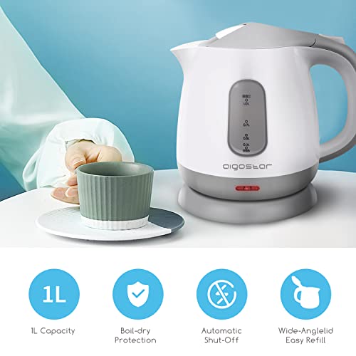 Aigostar Juliet 30Hio - Hervidor de Agua Compacto de 1 Litro, 1100W, Libre de Bpa. Base 360º, Filtro Desmontable, Sistema de Protección Contra la EbullicióN en Seco. Color Gris y Blanco. Diseño Exclusivo.