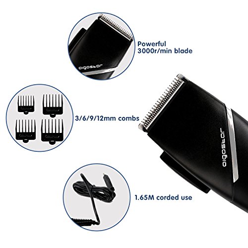 Aigostar MR. Black - Cortapelos hombre, cortadora de pelo, 15 W potencia, 3 ajustes, maquinilla para cortar el pelo incluye un kit completo de mantenimiento y 4 peines-guía, color negro.