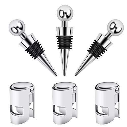 Aipaide 6 Piezas Tapón de Vino 3pcs Tapón de Champán de Acero Inoxidable y 3pcs Tapón de Vino de Bola para Vino Tinto, Espumoso, Cava