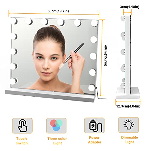 AKOFIC Espejo Maquillaje Hollywood con Luz, Espejo de Tocador Grande Profesional Táctil Inteligente con 14 Bombillas LED Regulables y 3 Modos de Color, Espejo Cosmético de Mesa Blanco, 50 x 40 cm