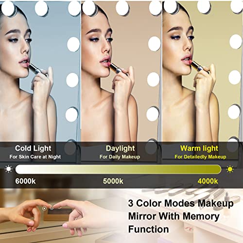AKOFIC Espejo Maquillaje Hollywood con Luz, Espejo de Tocador Grande Profesional Táctil Inteligente con 14 Bombillas LED Regulables y 3 Modos de Color, Espejo Cosmético de Mesa Blanco, 50 x 40 cm