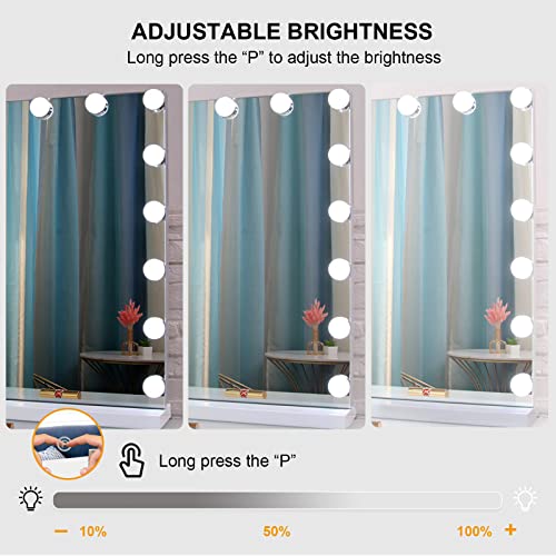 AKOFIC Espejo Maquillaje Hollywood con Luz, Espejo de Tocador Grande Profesional Táctil Inteligente con 14 Bombillas LED Regulables y 3 Modos de Color, Espejo Cosmético de Mesa Blanco, 50 x 40 cm