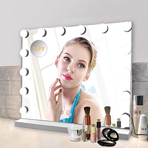 AKOFIC Espejo Maquillaje Hollywood con Luz, Espejo de Tocador Grande Profesional Táctil Inteligente con 14 Bombillas LED Regulables y 3 Modos de Color, Espejo Cosmético de Mesa Blanco, 50 x 40 cm