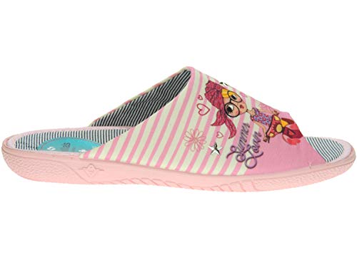ALBEROLA-SEVILLAS Zapatilla Destalonada Chinela Chancla Descalza Punta Abierta de Casa Llana para Mujer - Chica con Gafas en Vespa Rosa Talla 36