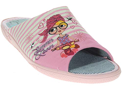 ALBEROLA-SEVILLAS Zapatilla Destalonada Chinela Chancla Descalza Punta Abierta de Casa Llana para Mujer - Chica con Gafas en Vespa Rosa Talla 36