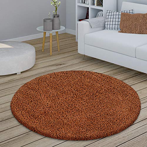 Alfombra Salón Redonda Pelo Largo Shaggy Dormitorio Mullida Moderna Pasillo Uni, tamaño:Ø 200 cm Redondo, Color:Terracota