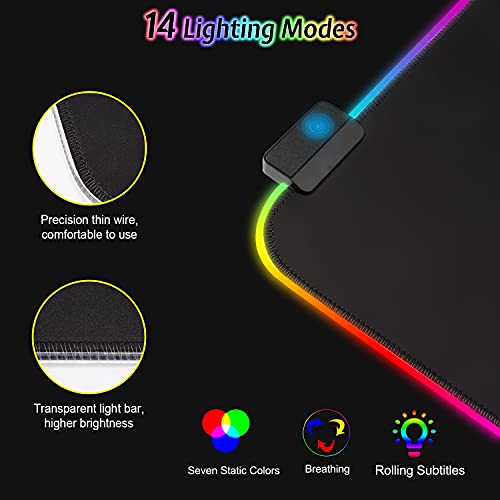 Alfombrilla de Ratón RGB, Tapete de Juego Extra Grande, Alfombrilla Raton LED 14 Efectos de Iluminación, Ratón Gaming para Gamers, PC y Portátil (800×300×4mm) …