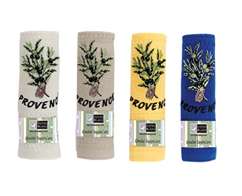 Algodón blanco – Juego de 4 paños de cocina de abeja estampados Provenza – Sección de olivo y cereza