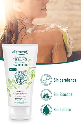 alkmene Gel de ducha con aceite del árbol del té para pieles normales a secas - gel de baño vegano sin siliconas y parabenos - jabón liquido de baño 2x 200 ml