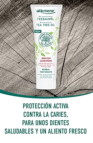 alkmene Pasta de dientes a base de hierbas con aceite de árbol de té - crema de dientes vegana para dientes sensibles sin siliconas, parabenos - con flúor 2x 100 ml