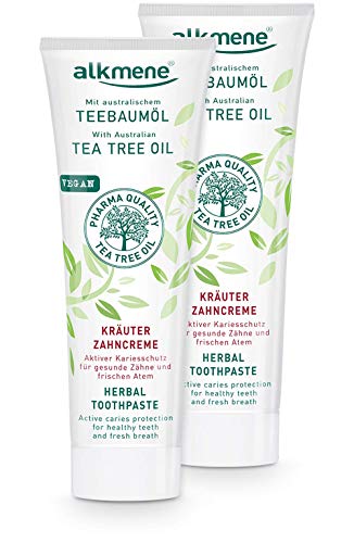 alkmene Pasta de dientes a base de hierbas con aceite de árbol de té - crema de dientes vegana para dientes sensibles sin siliconas, parabenos - con flúor 2x 100 ml