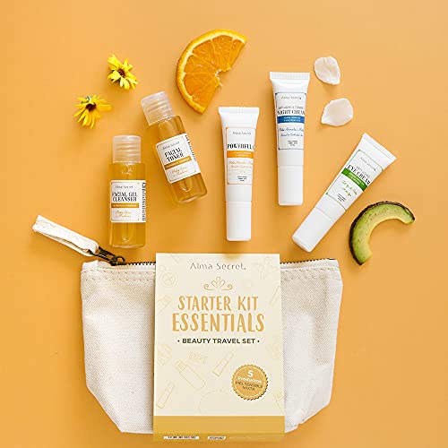 Alma Secret Beauty Travel Set Facial 5 productos para piel sensible normal o mixta con extractos naturales y ecológicos. Neceser viaje, regalo original para Navidad, San Valentín o el amigo invisible.