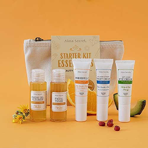 Alma Secret Beauty Travel Set Facial 5 productos para piel sensible normal o mixta con extractos naturales y ecológicos. Neceser viaje, regalo original para Navidad, San Valentín o el amigo invisible.