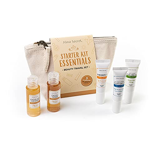 Alma Secret Beauty Travel Set Facial 5 productos para piel sensible normal o mixta con extractos naturales y ecológicos. Neceser viaje, regalo original para Navidad, San Valentín o el amigo invisible.