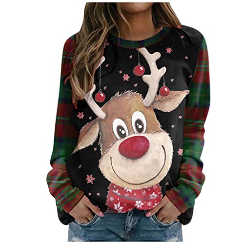 Alueeu Sudadera Mujer sin Capucha Navidad Manga Larga Cuello Redondo Sudaderas Adolescente Chica Lindo Patrón Camisetas Blusas Navideños