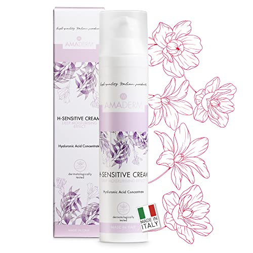 AMADERM H-Sensitive Cream 100ml | Crema Hidratante Facial Mujer con Ácido Hialurónico Concentrado | MADE IN ITALY Crema Facial para Piel Seca, Opaca y Madura, y Base Maquillaje para Tu Skincare Diario
