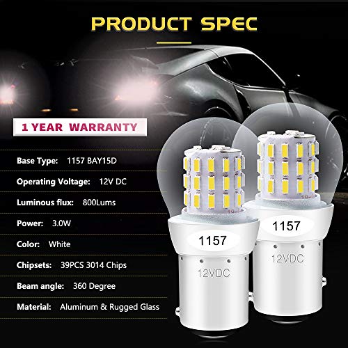 AMAZENAR Paquete de 2 1157 BAY15D 1016 1034 7528 2057 2357 Luz LED Blanca 12V-DC, AK-3014 39SMD Bombillas de Repuesto Para Camper Freno de Freno de Carretera Luces de Señal Tail BackUp Bulbs Day Run