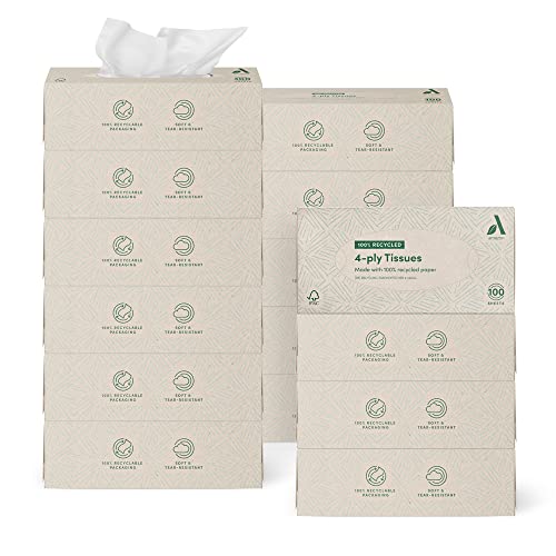Amazon Aware Pañuelos faciales, fabricados con papel 100% reciclado, 15 cajas, 100 pañuelos de 4 capas por caja
