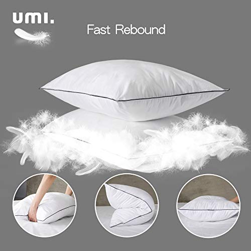 Amazon Brand - Umi Almohadas de Plumón y Plumas de Ganso Blanco con Bordes Grises con Cubierta de 100% Algodón, Anti-ácaros, Blanco, 48x74cm, Pack de 2