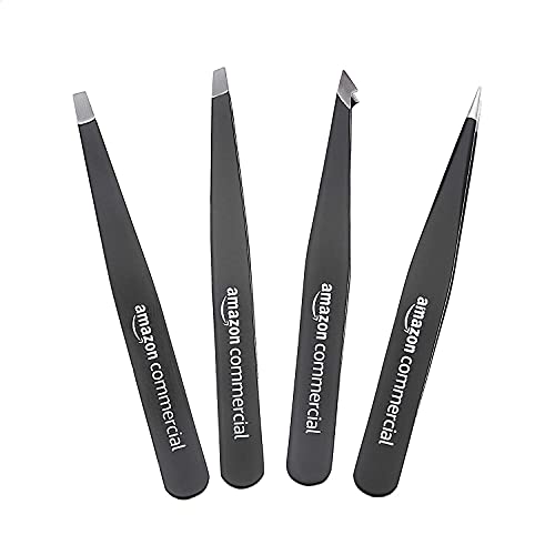 AmazonCommercial - Juego de pinzas perfiladoras para cejas en acero inoxidable, punta oblicua afilada, retirada de vello precisa, perfectas para pelo a punto de salir, paquete de 4 unidades