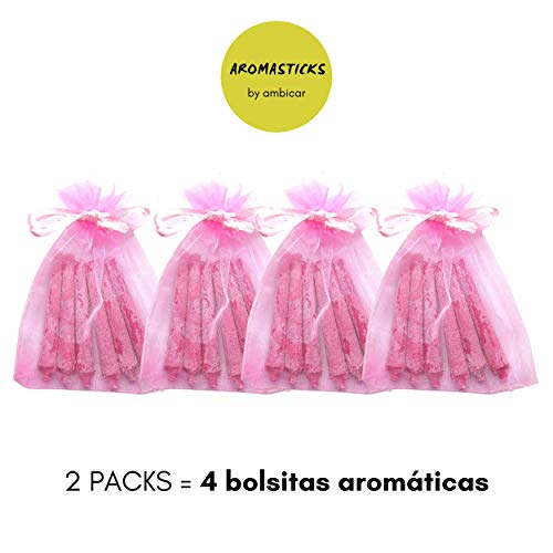 AMBICAR - Aromasticks ambientador para CASA. 4 bolsitas con palitos aromáticos para los armarios, cajones o zapateros. Pack Nº1 Frutos Rojos. Esencia Natural, SIN Alcohol ni Químicos, Fragancia Fresa