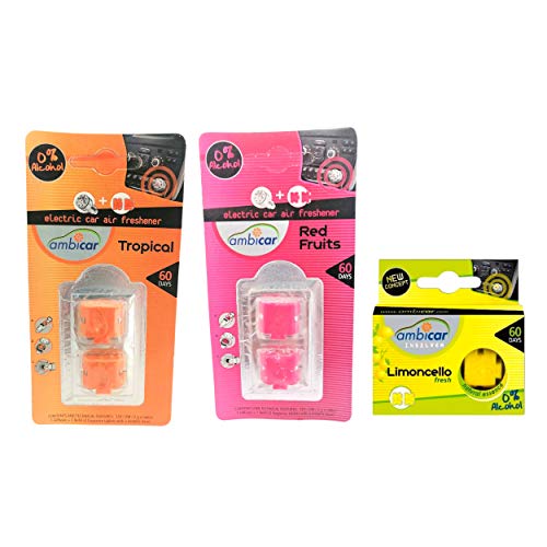 AMBICAR - Recambios para ambientador eléctrico COCHE o CASA. Pack MIX Nº1 (3 recambios) Esencias Naturales, SIN Alcohol ni Químicos. Aromas para difusor - Fragancias FRUTALES, Limón-Fresa-Frutas