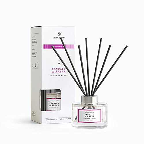 Ambientair. Difusor de Varillas perfumadas.120ml. Regalos. Máxima duración, más de 16 semanas. con 6 Palitos de Fibra , para casa, Oficina, baño (Sándalo & Ámbar)