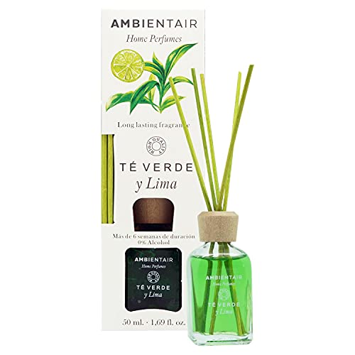 Ambientair Home Perfumes. Difusor de Varillas perfumadas. Ambientador Mikado Té Verde Lima. Difusor 50 ml con palitos de ratán. Ambientador sin Alcohol para casa.