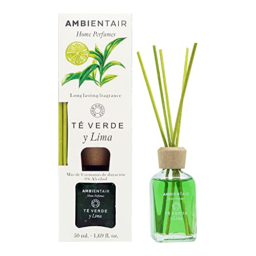 Ambientair Home Perfumes. Difusor de Varillas perfumadas. Ambientador Mikado Té Verde Lima. Difusor 50 ml con palitos de ratán. Ambientador sin Alcohol para casa.