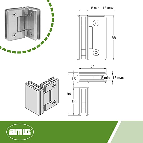 Amig | Bisagra Ducha Fija en L de Zamak| 88 x 54 mm | Modelo B | Niquel Mate | Indicado para Mamparas de Ducha de Cristal | 8-12 mm de Espesor | Carga Máxima por Par: 35 kg
