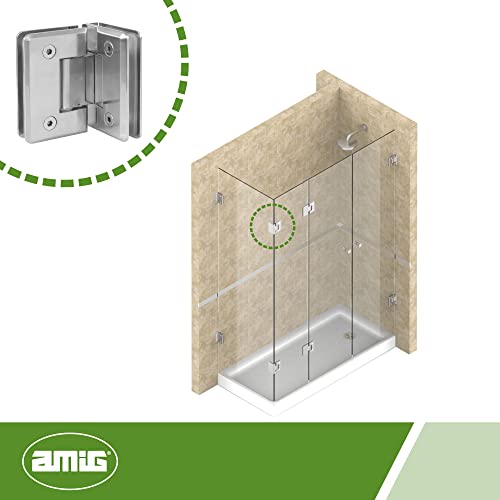 Amig | Bisagra Ducha Fija en L de Zamak| 88 x 54 mm | Modelo B | Niquel Mate | Indicado para Mamparas de Ducha de Cristal | 8-12 mm de Espesor | Carga Máxima por Par: 35 kg