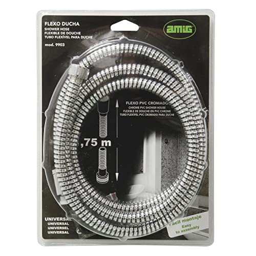 Amig - Flexo de Ducha Universal Mod.9903 de PVC Reforzado Cromado | Longitud: 1,75 m | Manguera Larga para Duchas Empotradas o Bañeras | Ligero y Resistente