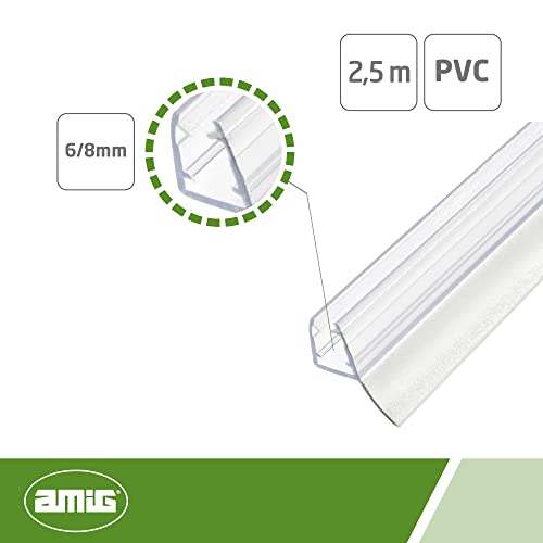 amig - Junta Vierteaguas Mod.240 Lengueta Doble de 10,5 mm,Cristales de Espesor de 6 a 8 mm, Perfil de PVC para Sellado o Estanqueidad de Mamparas de Ducha o Bañera, Pieza de 2,5 Metros, Transparente