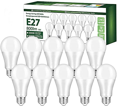 Ampoule LED E27, YSL 9W 800 lumen Ampoule LED E27, remplacement 60W halogène, blanc chaud (3000K), ampoules A60, 10 pièces