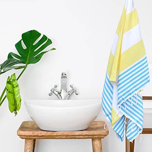 ANATURES Toallas De Playa - De Hammam 95x185cm Marina | Prelavado - Oeko-Tex® - Algodón Orgánico Peinado - Toalla De Baño - Fouta para Sauna en Muchos Colores Pareo XXL (Amarillo/Turquesa)