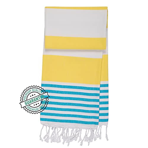 ANATURES Toallas De Playa - De Hammam 95x185cm Marina | Prelavado - Oeko-Tex® - Algodón Orgánico Peinado - Toalla De Baño - Fouta para Sauna en Muchos Colores Pareo XXL (Amarillo/Turquesa)