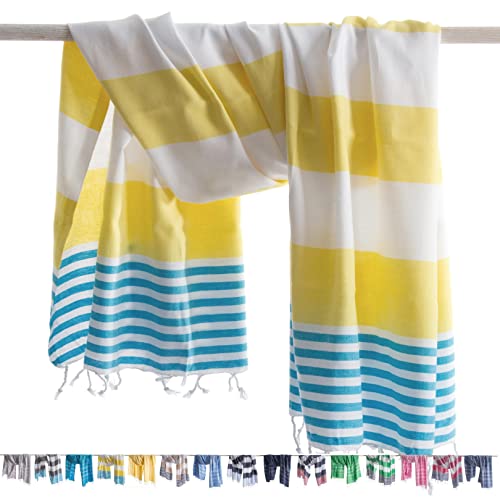 ANATURES Toallas De Playa - De Hammam 95x185cm Marina | Prelavado - Oeko-Tex® - Algodón Orgánico Peinado - Toalla De Baño - Fouta para Sauna en Muchos Colores Pareo XXL (Amarillo/Turquesa)