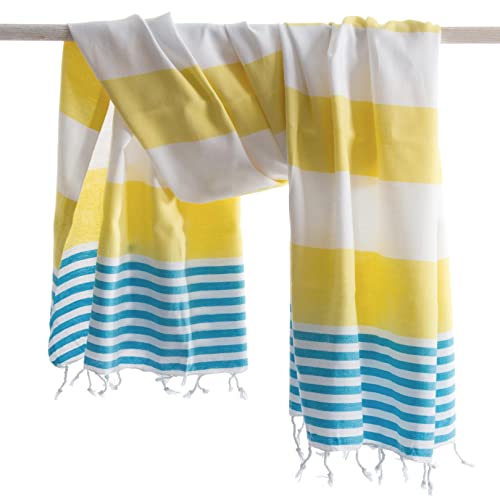 ANATURES Toallas De Playa - De Hammam 95x185cm Marina | Prelavado - Oeko-Tex® - Algodón Orgánico Peinado - Toalla De Baño - Fouta para Sauna en Muchos Colores Pareo XXL (Amarillo/Turquesa)