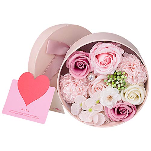 ANBET Artificial Flowers with Pink Round Gift Box Fake Rose Carnation Bouquets Women Gift for Valentine's Day Mother's Day Wedding Home Décor (Pink 16.5x8cm)