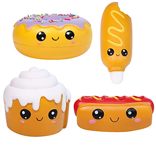 Anboor 4 Piezas Squishies Hot Dog Cake Pan Donut Kawaii perfumado Suave Lento Aumento Squeeze Alivio del estrés niños Juguete